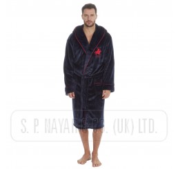 MENS HORSE EMBROIDERY FLANNEL FLEECE GOWN HOODED GOWN WITH PIPING.