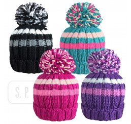 GIRLS ROCKJOCK 2 COLOURS RIBBED STRIPED HAT WITH MULTICOLOUR POM POM.     