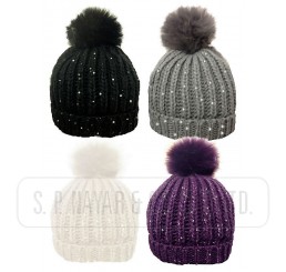 LADIES ROCKJOCK RIBBED HAT WITH SEQUIN AND SOLID FAUX FUR BOBBLE.   