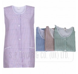 LADIES CHECK BUTTON DOWN TABARDS WITH TWO FRONT SIDE POCKETS.