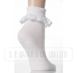 GIRLS WHITE FRILLY COTTON T.O.T EMBROIDERED LACE ANKLE SOCKS. 