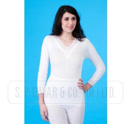 LADIES SNOWDROP WHITE THERMAL LONG SLEEVE LACE SPENCER.