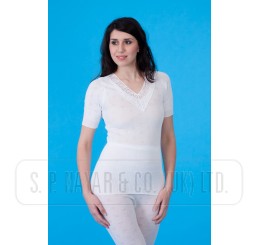 LADIES SNOWDROP WHITE THERMAL SHORT SLEEVE LACE SPENCER.